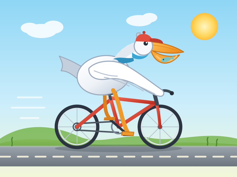 Pelican 1: a white pelican with a large orange beak pedals a red bicycle along a country road under a blue sky (PNG render)