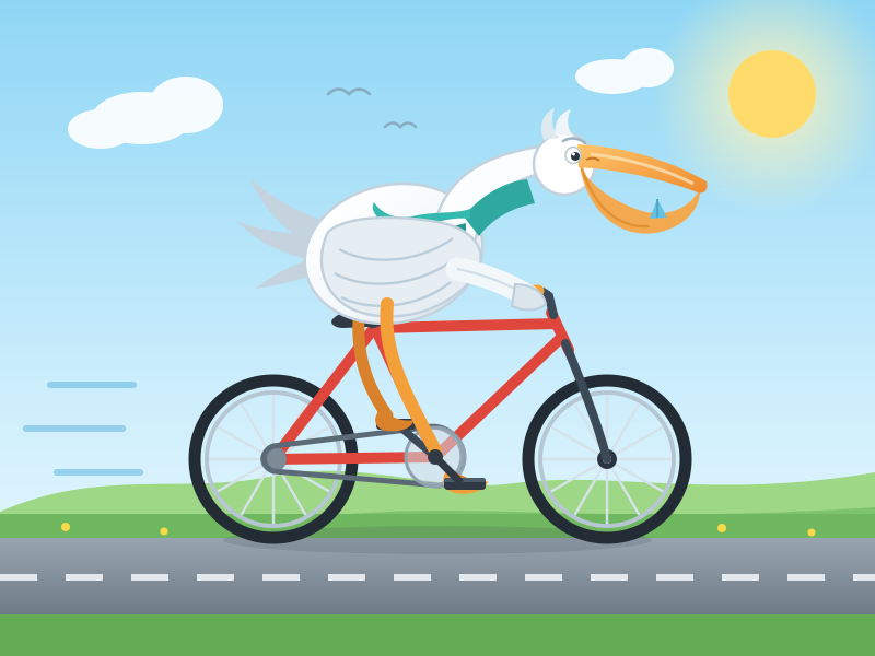 Pelican 3: a white pelican with a long orange beak and a teal scarf rides a red bicycle on a sunny road (PNG render)